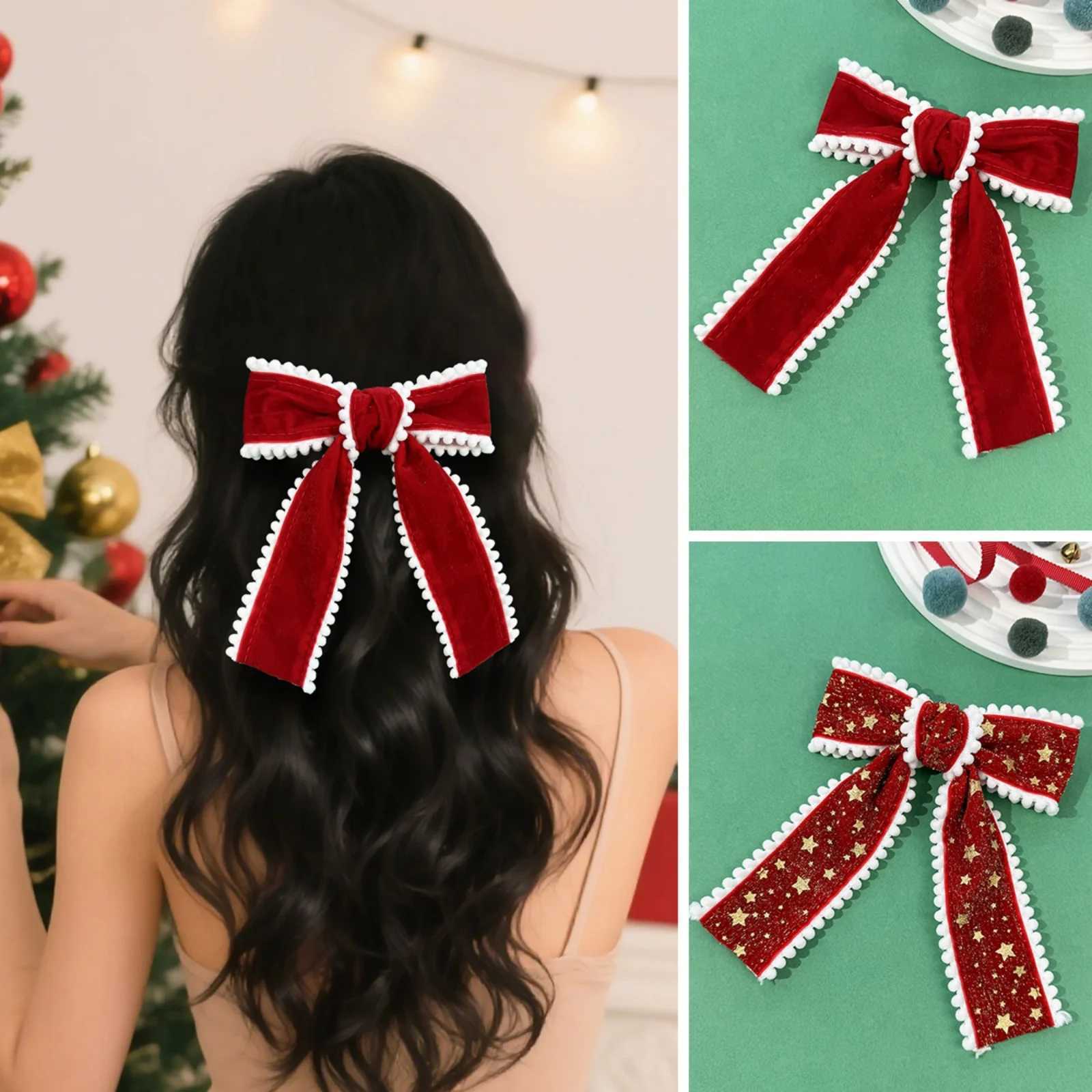1PC Festive Christmas Red Velvet Bow Hair Clip-Cute Pom Trim Star Pattern Hair Accessory Perfect for Holiday PartiesM251127-image-1086323985
