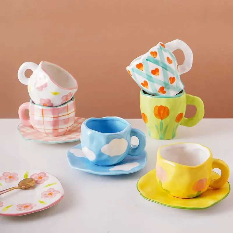 Nordic Handpainted Flower Ceramic Coffee Cup Irregular Mug With Breakfast Oatmeal Milk Tea Handle Gift Microwave Safe C251127-image-1086352822