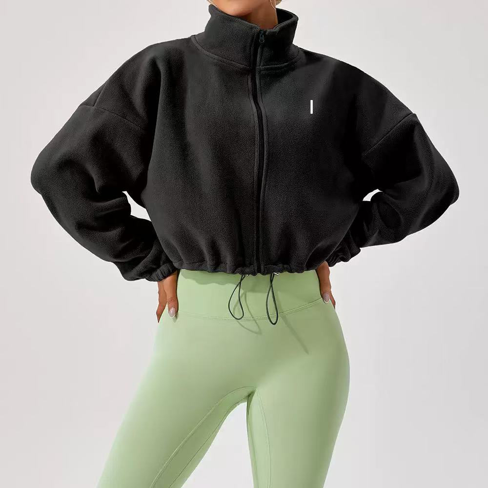 Veste de sport en laine d'agneau pour femme, ensemble de Yoga, d'extérieur, col montant, ample, velours, chaud, pantalon de course, manteau court