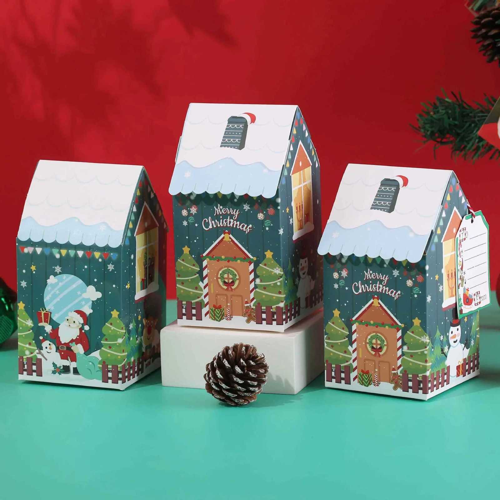 Christmas House Shape Candy Gift Box Christmas Snowman Little House Candy Cookies Packaging bag Bow Boxes Gift Color Box C251127-image-1086356107