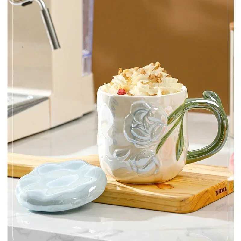 Ceramic Mug Colorful Pearlescent Water Cup Retro Rose Pattern Coffee Cup with Lid Breakfast Milk Oat Mugs Home Office Drinkware C251127-image-1086353580