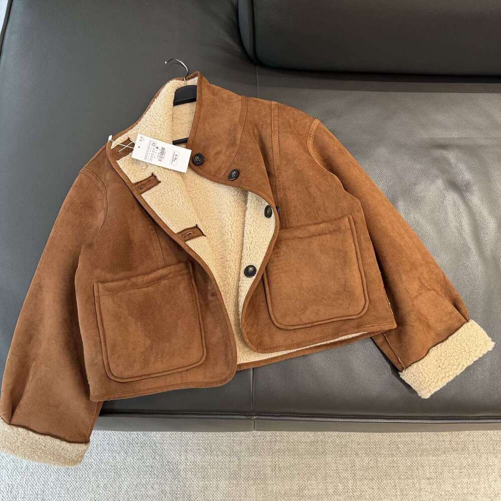Women Double-Sided Wear Lamb Velvet Coat Women's Fashion Stand Collar Single Breasted Pocket Short Jacket Lady Outerwear