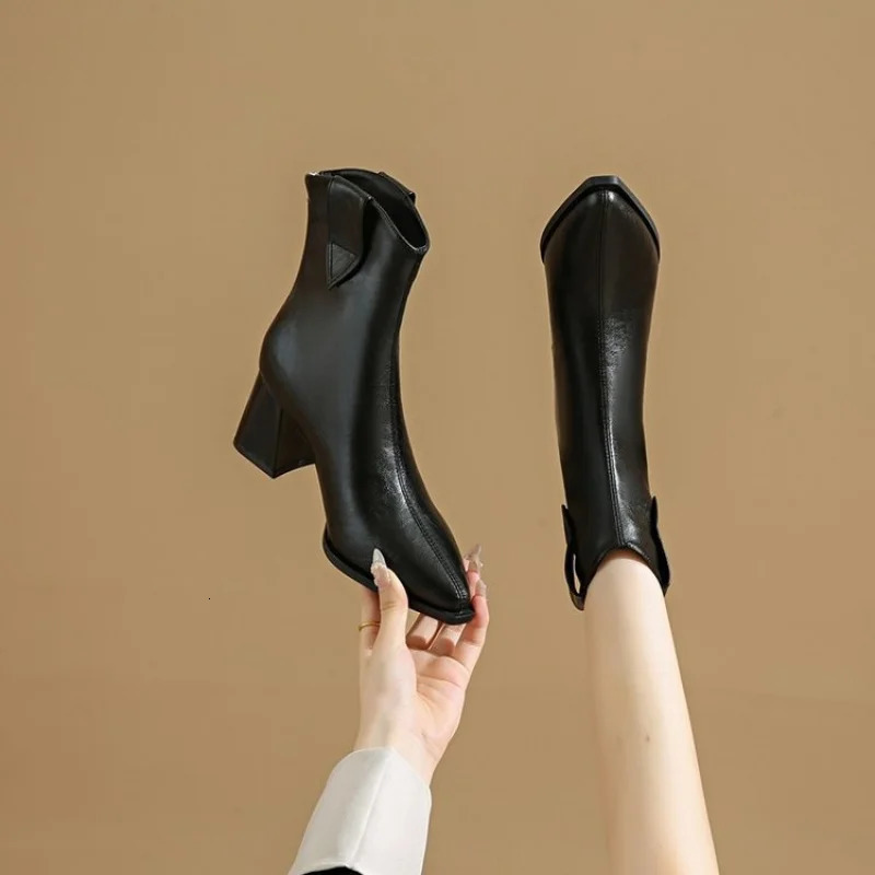 Womens Leather Chunky Heel Ankle Boots - Mid Heel Slim Fit Fashion Booties Autumn/Winter Short Boots for Women 251125