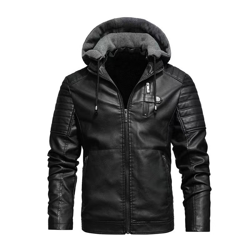 Fashion Men Jacket Coat Biker Leather Jacket Autumn Winter Plush Lined Thickened Hooded Zip Up Stand Collar Stylish Outerwear EU Size: L-5XL