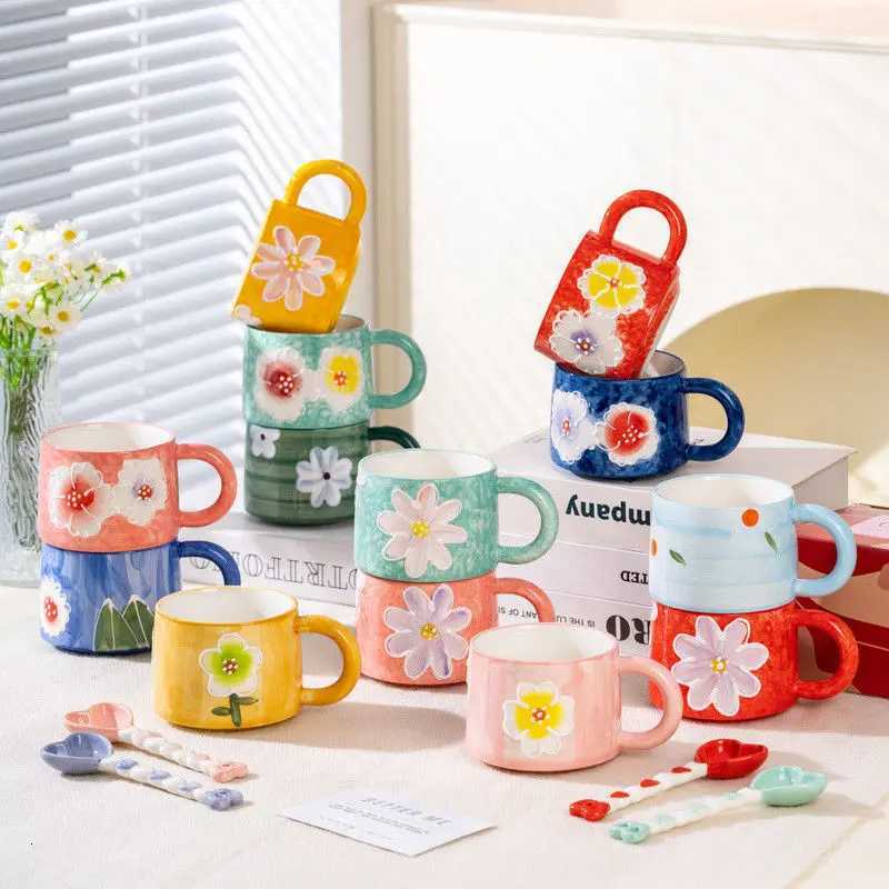 Creative Painted Flower Ceramic Coffee Cup Exquisite Relief Floral Tea Cup Birthday Gift Afternoon Tea Dessert Mug Office Mug C251127-image-1086352924