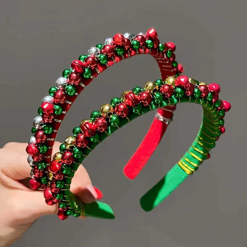 Festive Christmas Headband with Red Green Beads Golden Accents Bell Charms - Hand-Wrapped Polyester Party AccessorM251127-image-1086323200