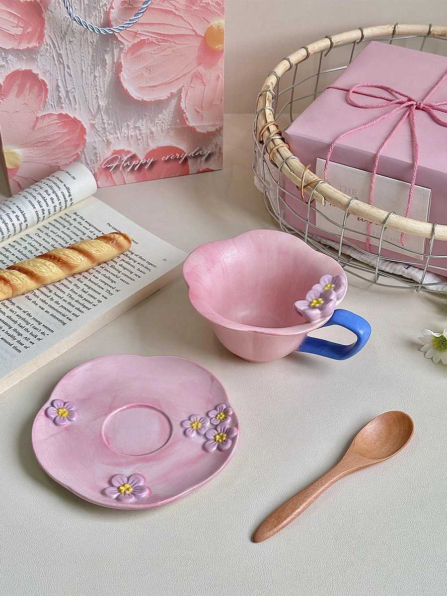 1pc Coffee Cup and Plate Set CreativeCeramic Hand-painted Relief Petal Afternoon Tea Cups Drinkware Birthday Gift for Friends C251127-image-1086353014