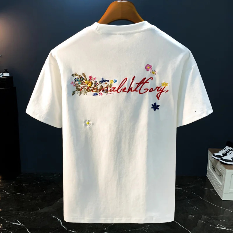 Handwritten floral embroidery short sleeved T shirt for men high end fashion loose fit summer casual couple clothing 251128