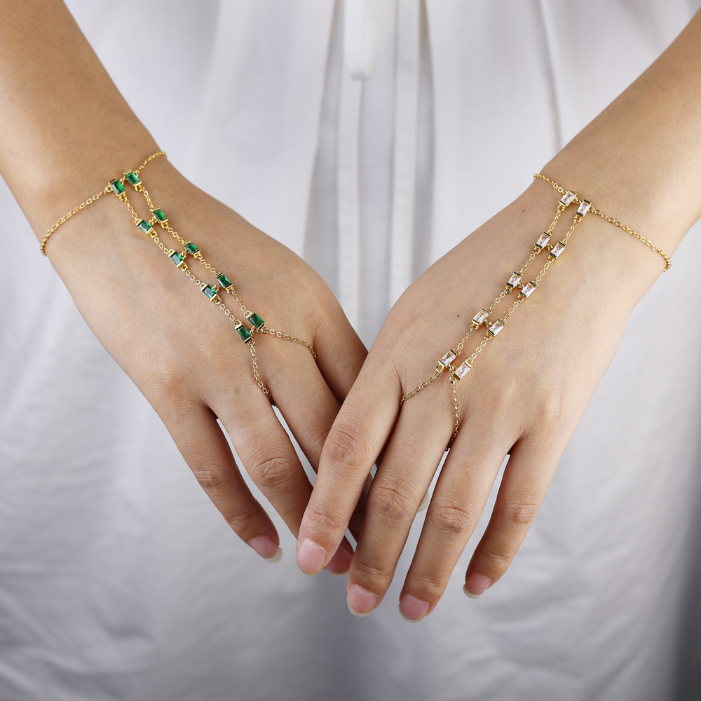 2025 New Arrived Double Layer White Black Green Cubic Zirconia Wrist Hand Chain Bracelet For Women Fashion Finger Bracelet Jewely