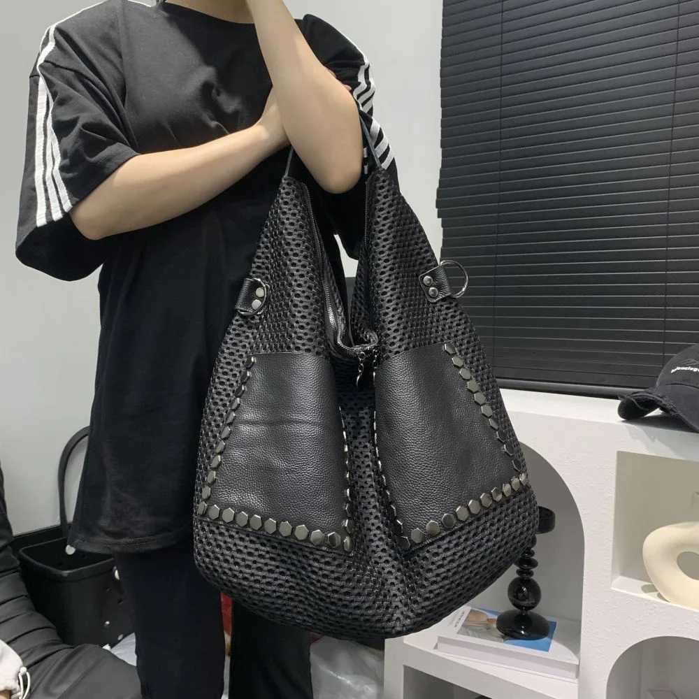 Wens Large Capacity Shoder Bag Fiable Mesh Splicing Genuine Leather Crossbody Bag Y251128-image-1086505951