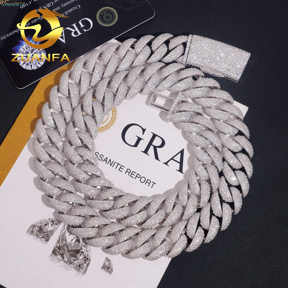 Hot Sale Necklace Chain 15mm Pass Tester VVS Moissanite Solid 925 Sterling Silver Gold Plated Hip Hop Iced Out Cuban Link Chain