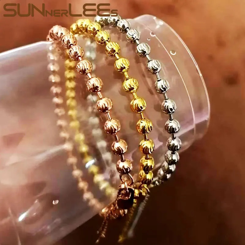 SUNNERLEES Fashion Jewelry White Rose Gold Plated Bracelet 4mm 5mm Cutting Beads Link Chain Men Women Gift C79 B 250423