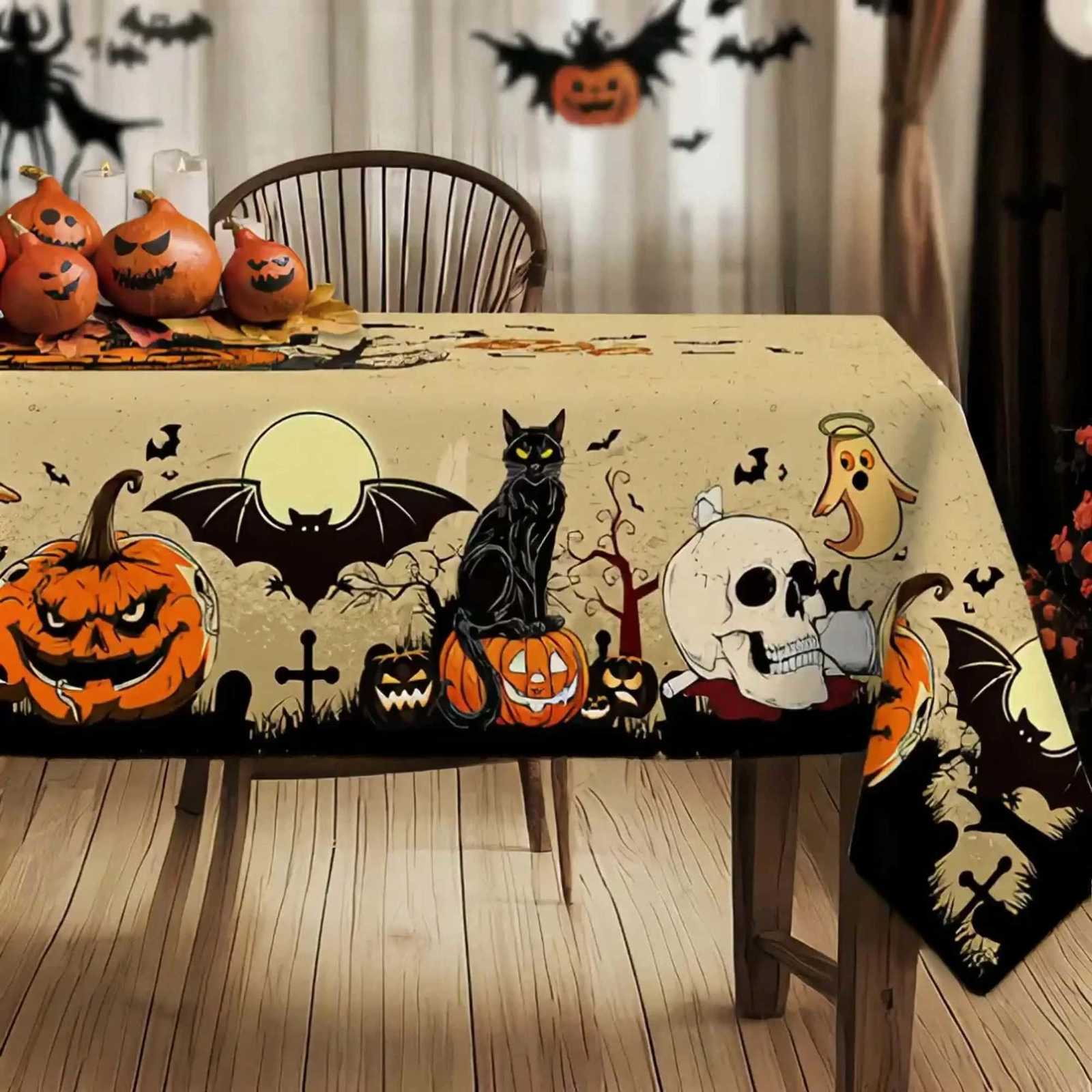 Halloween Pumpkins Bats Skulls Tablecloths Halloween Spooky Black Cat Polyester Kitchen Dining Table Cloth Halloween Decoration M251128-image-1086459460