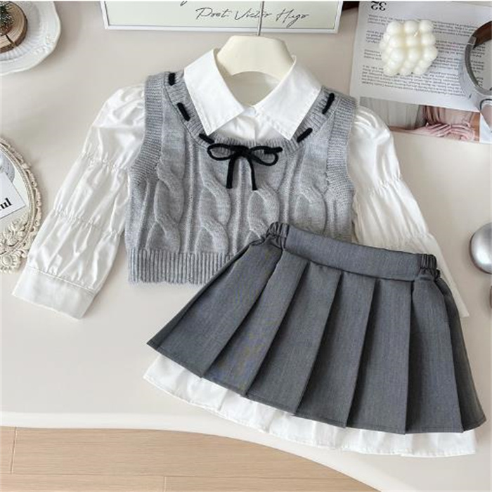 New Kids Clothing Sets Fashion Girls Shirt Sweater Vest Skirt Three-piece Suit Outfits Casual Style Daily Wear Children Clothes Set H251208-image-1087662492