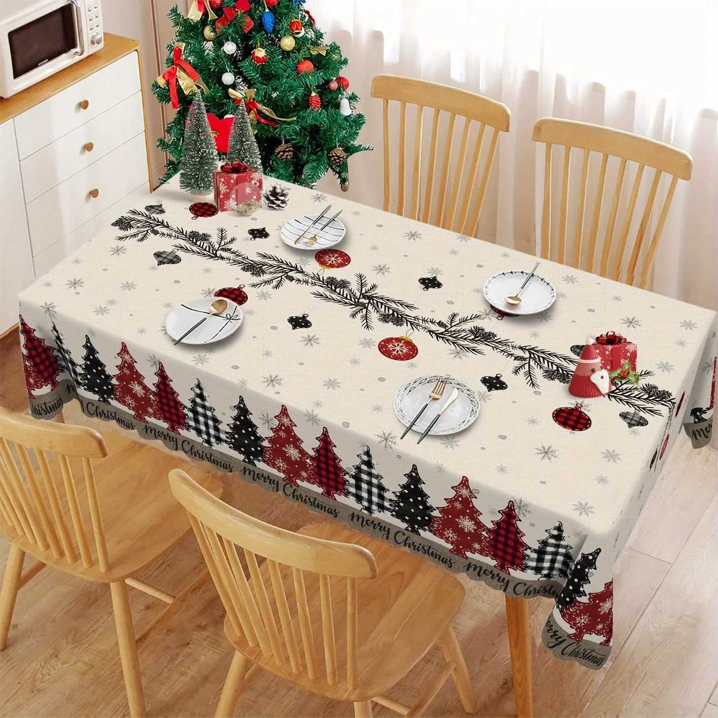 Merry Christmas Pine Trees Plaid Tablecloth for Table Decor Winter Xmas Tree Snowflake Table Cloth Christmas Decorations M251128-image-1086458052