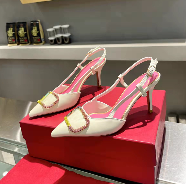 Sandales de luxe pour femme, chaussures à bride arrière en cuir Nappa laminé, talon de 80 mm, chaussures habillées en strass multicolores avec ac