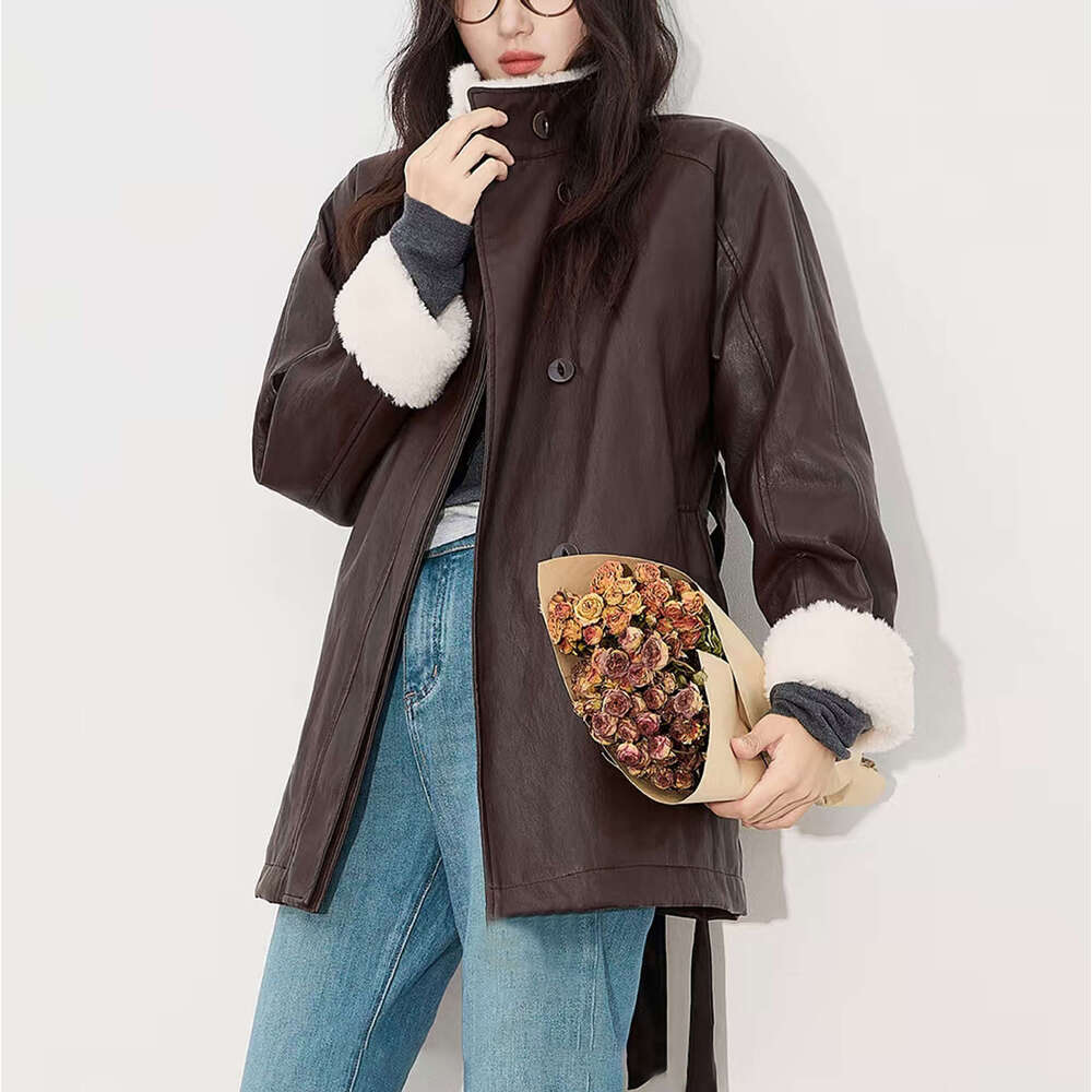 Veste en cuir chaude doublée polaire, style rétro, automne-hiver, col en fourrure, Trench-Coat mi-long de luxe de styliste