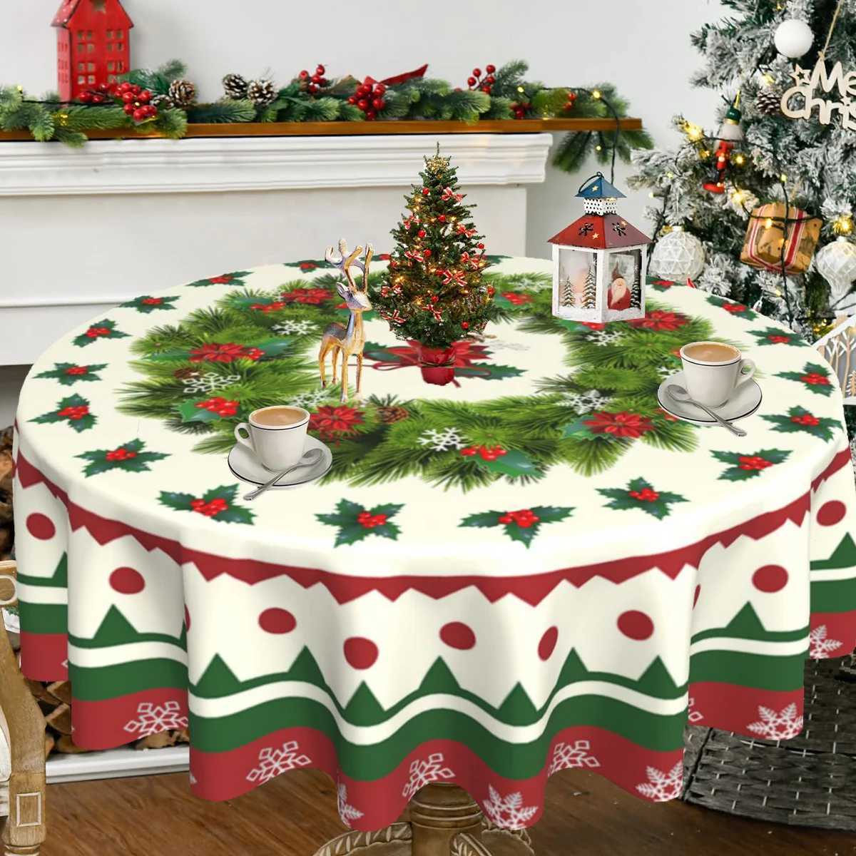 Christmas Round Tablecloth Christmas Wreath Snowflake Table Cloth Red Merry Christmas Home Decoration For ChristmasTable Cover M251128-image-1086460014