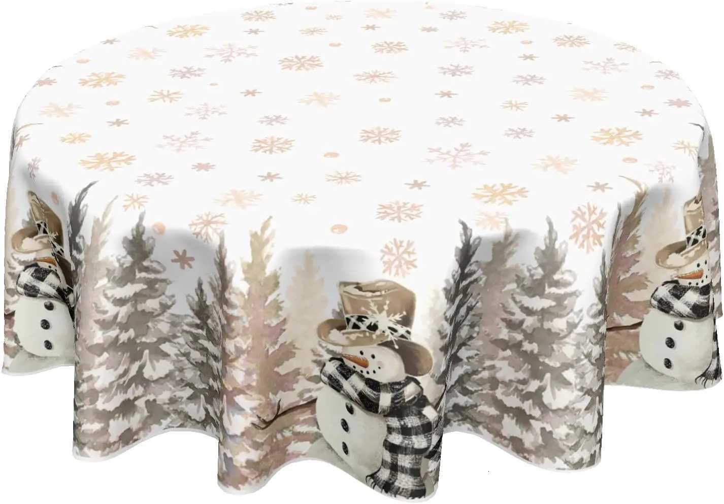 Gold Christmas Tablecloth Round Snowman Snowflake Winter Table Cloth Farmhouse Merry Christmas Table Cover M251128-image-1086460238