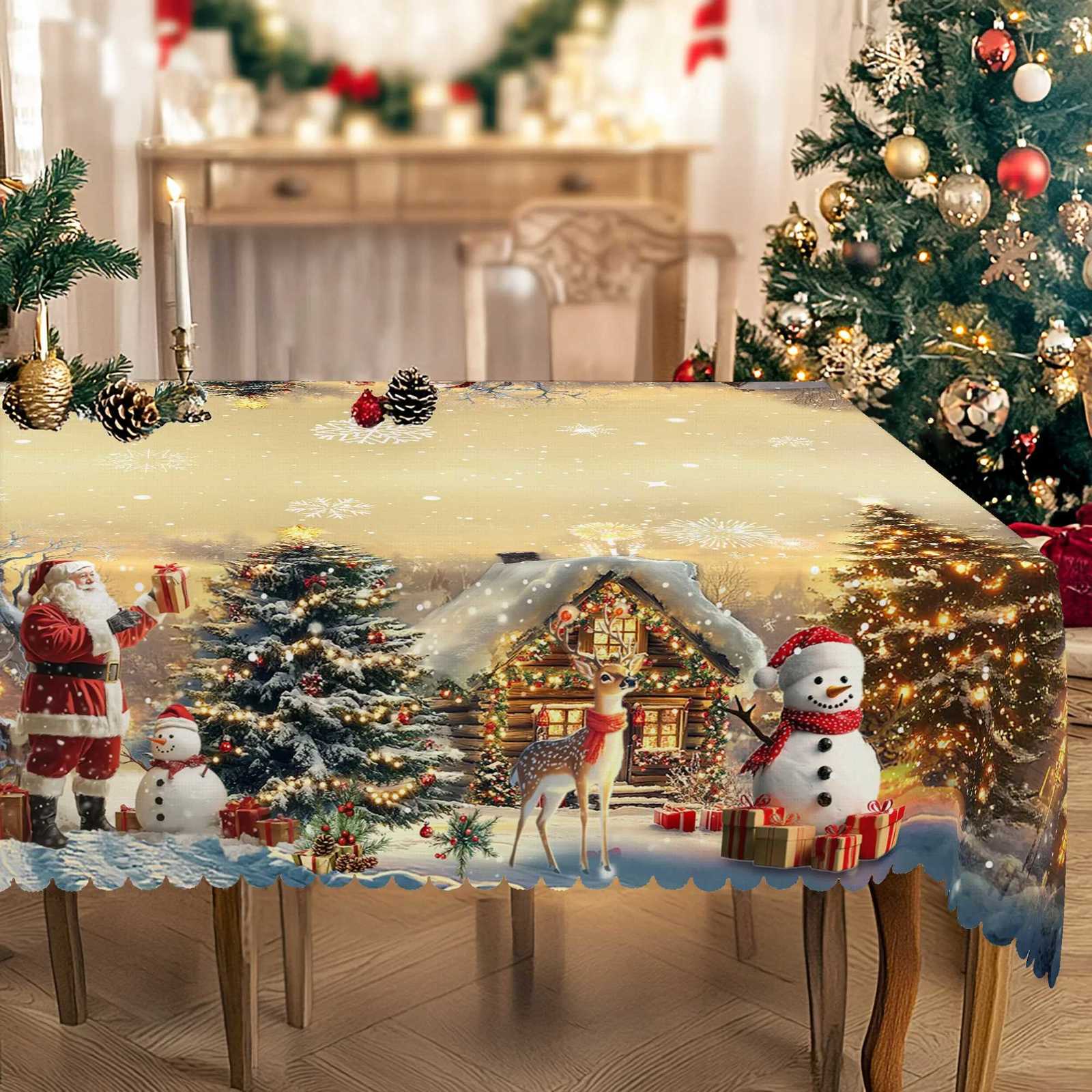 1Pc Vintage Khaki Christmas Tablecloth with Santa Claus Reindeer Sleigh Patterns Christmas Decor 2025 Christmas Party Decoration M251128-image-1086459222