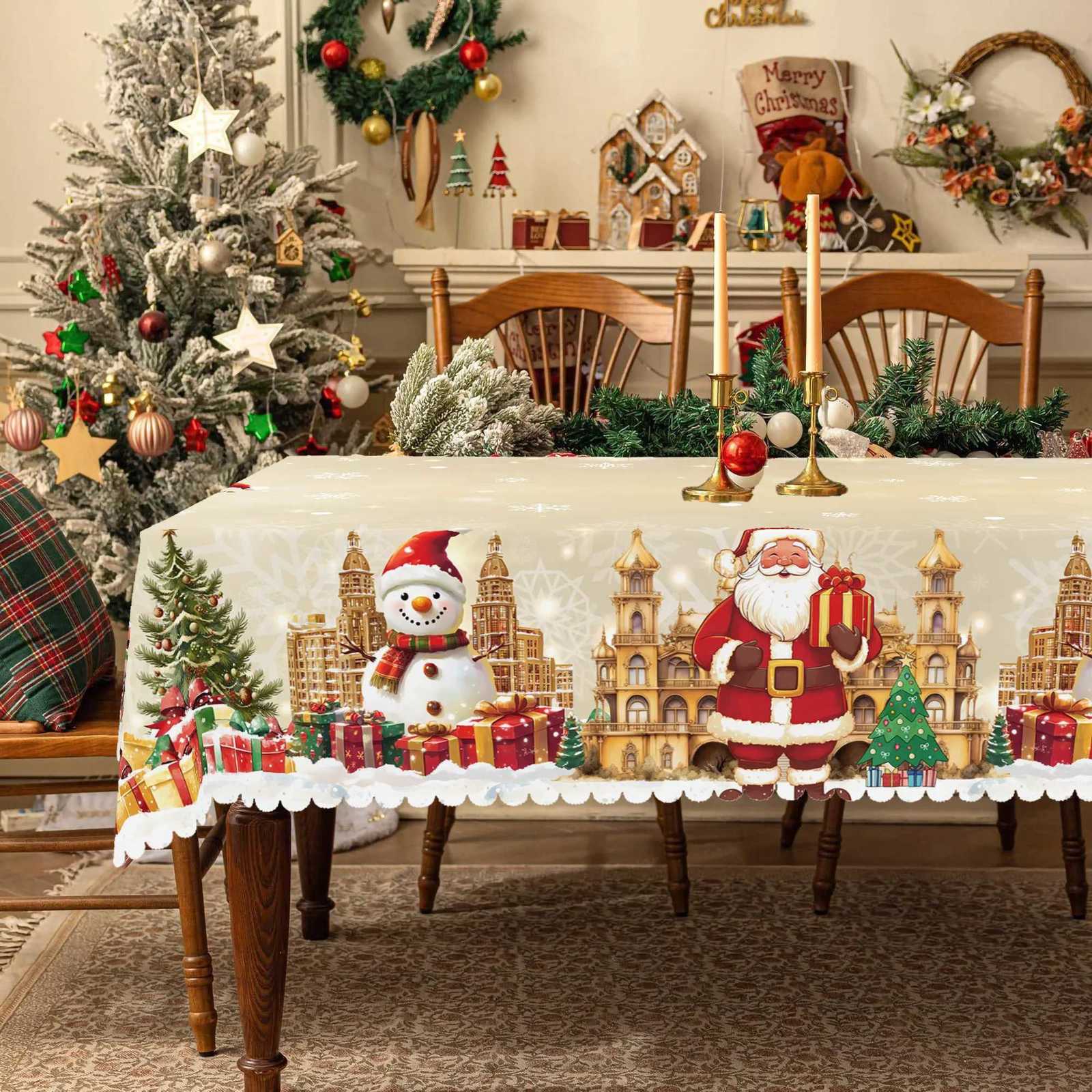 1Pc Vintage Golden Christmas Tablecloth with Santa Claus Snowman Patterns Christmas Decor 2025 Christmas Party Decoration For M251128-image-1086457919