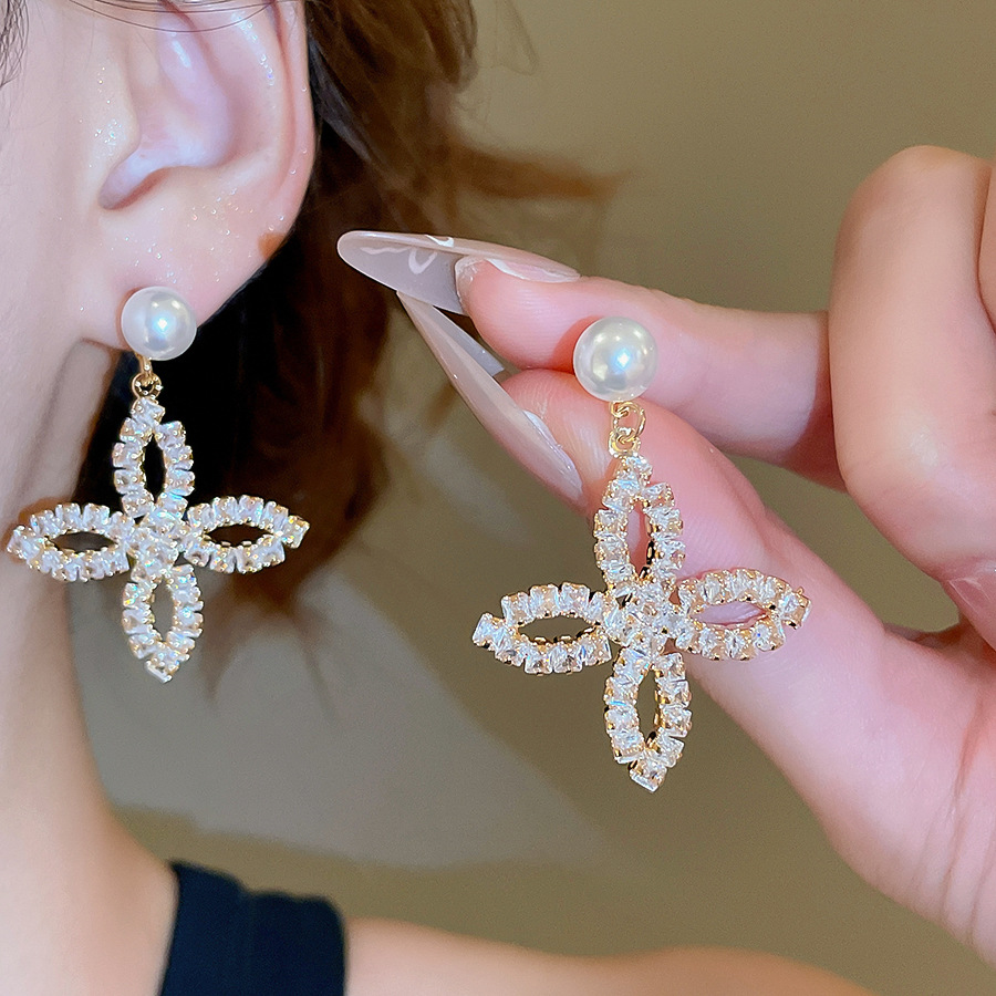 18K Real Gold Plated Silver Needle Zircon Pearl Petal Pendant Elegant Studs Light Luxury High-end Feel Earrings for Women-image-1086655531