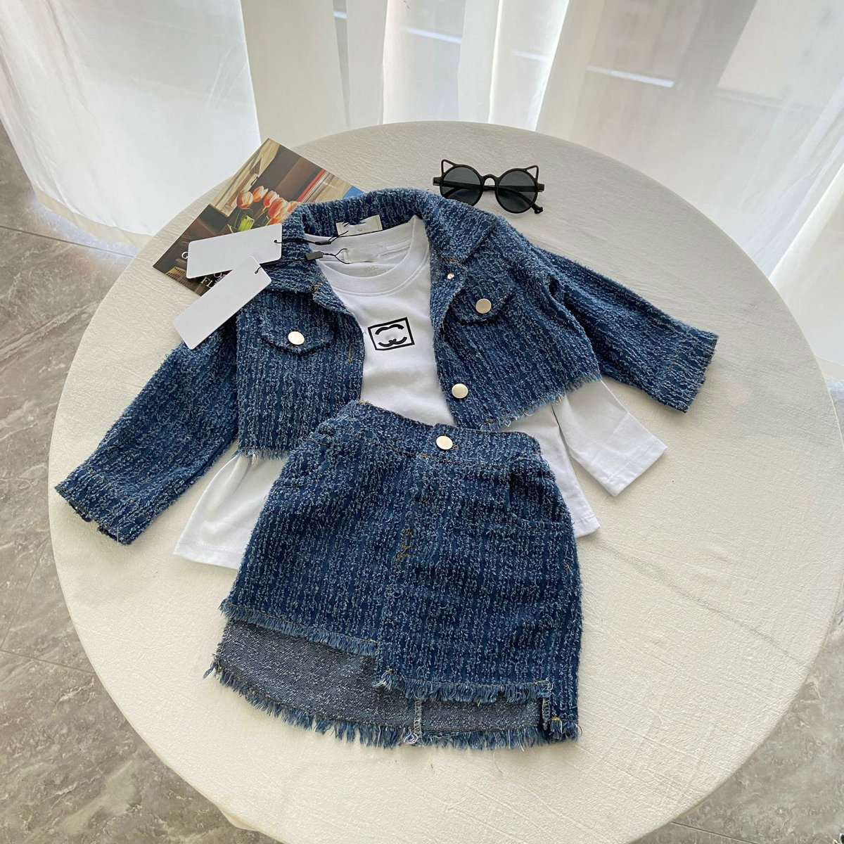 Kids Designer Clothes Spring and Autumn Casual 3 Piece Set For Girls Turndown Collar Tops Denim Jacket T Shirt Short Skirts 3pcs Set Small Fragra-image-1096296644