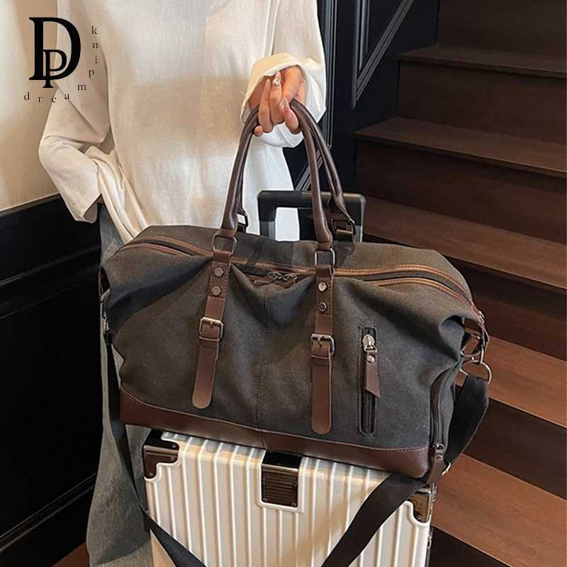 Vintage Canvas Casual Weekend Bag Travel Tote Bag Portable Large Capacity Duffle Bag With Shoe Cpartment Crossbody Lage Bag Y251128-image-1086505594