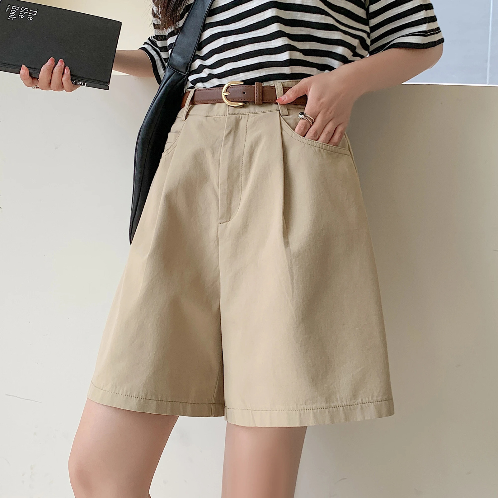 Summer cotton linen womens cargo shorts with belt 2025 khaki high waisted solid casual loose 250428Z