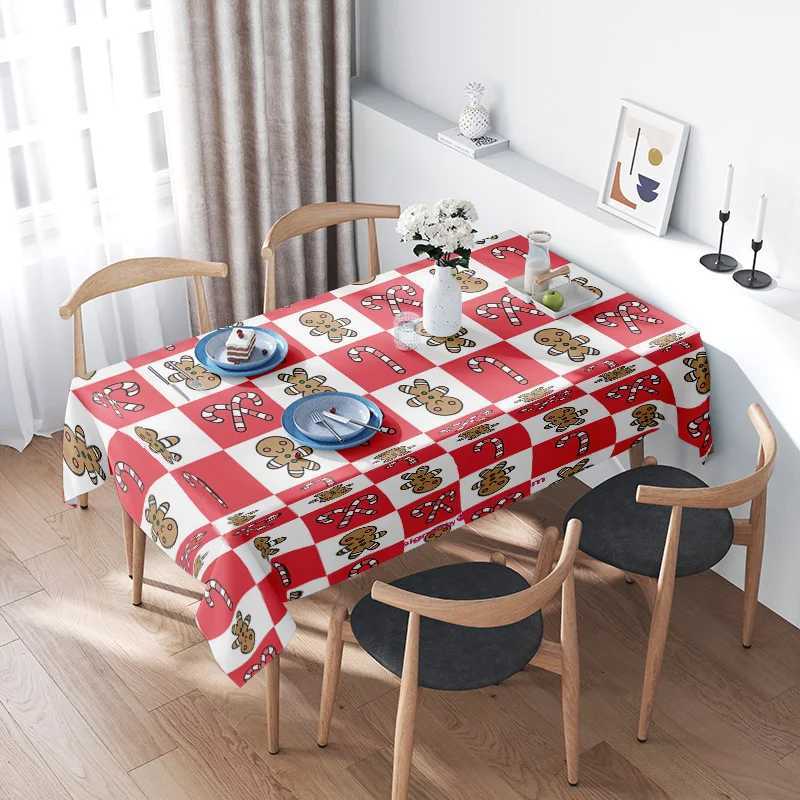 Modern Christmas-themed tablecloth with cute gingerbread men design for dining tables red white checkered pattern suitable for h M251128-image-1086458187