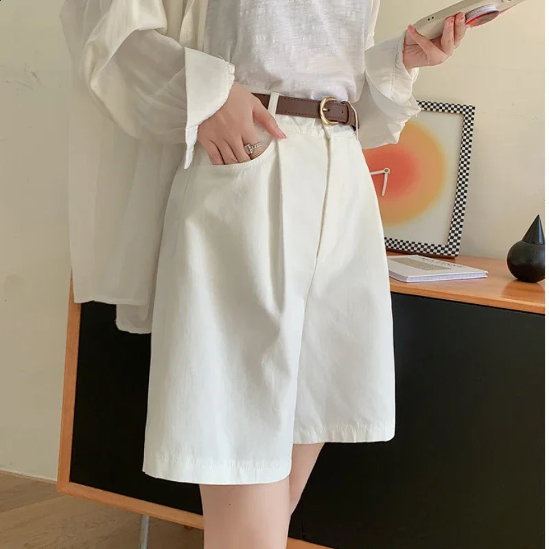 2025 Cotton Linen Womens Summer Solid High Waist Korean Casual Loose Wide Leg Shorts for Women 250428Z