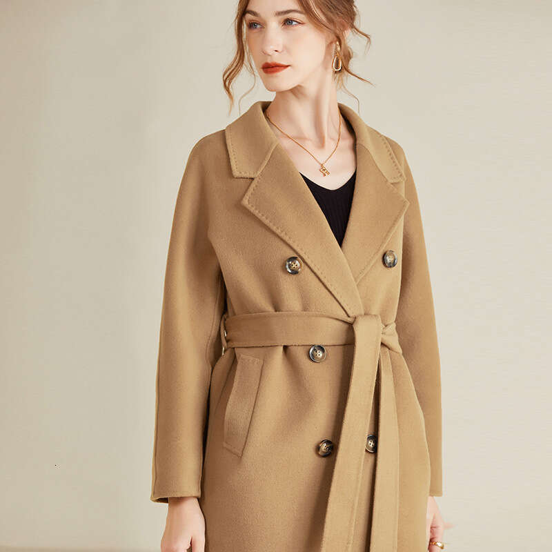 Autumn Winter New Double Sided Wool Coat For Women Extended Length Double Breasted Lace Up Elegant Slim Woolen Jacket Luxury Designer