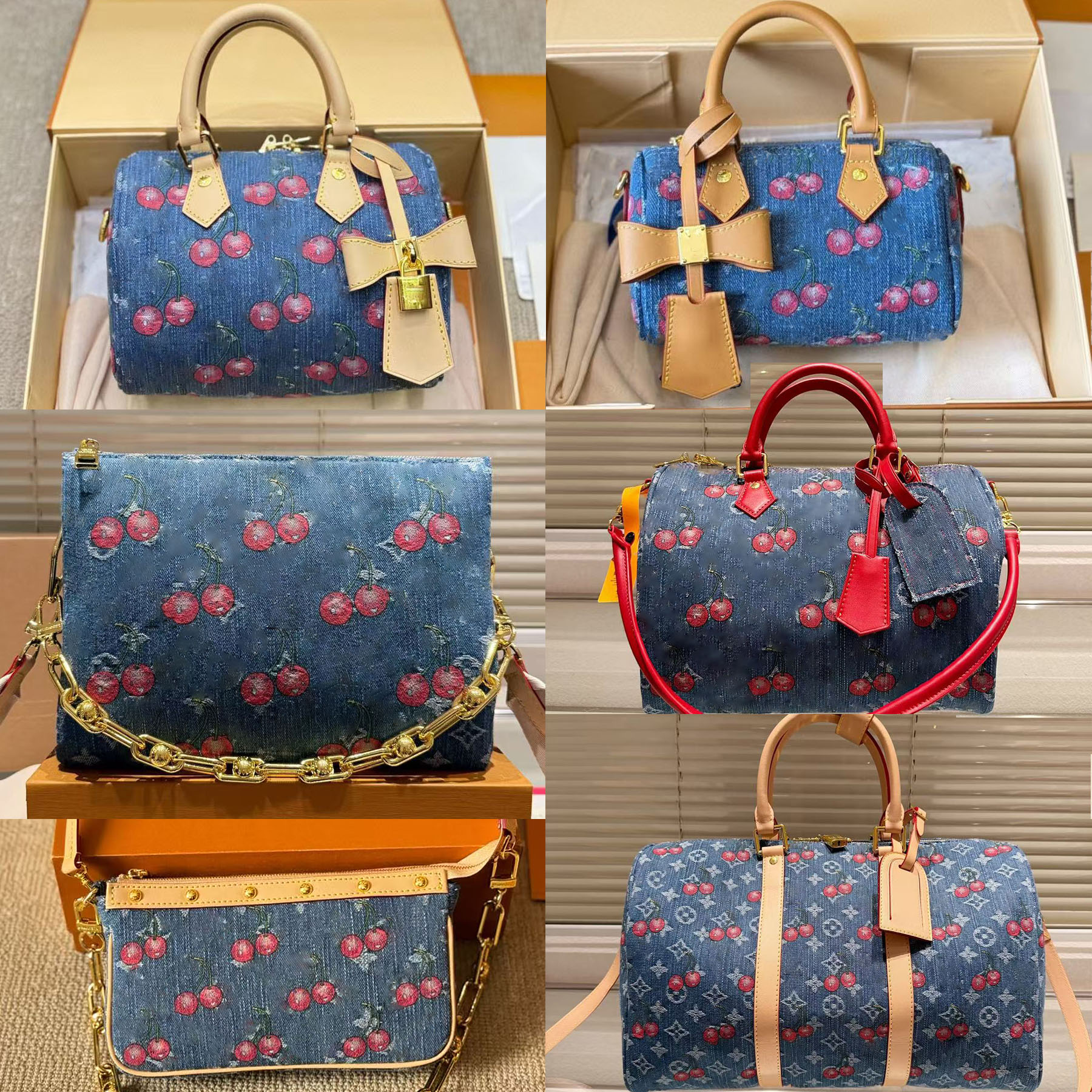 Vintage Denim Sac Portefeuille Cherry TM Designer Sac fourre-tout Canvas Hands Sac à main Sac Underarm Sac Gold Hardware Pouche Denim sacs à main