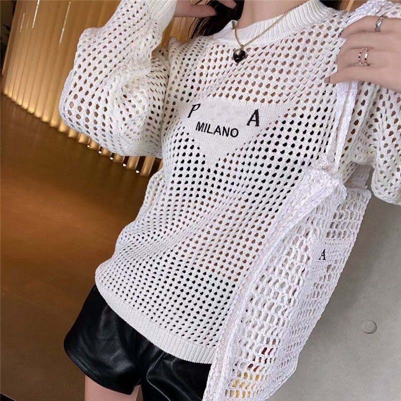 Women t shirt designer New Hollow-out Knit Top, Letter Print Loose Crew Neck Long Sleeve Solid Color Casual Blouse, Cotton Fashion Women Clothes
