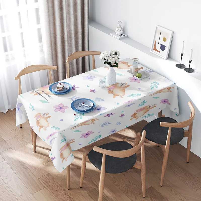 Watercolor Rabbit Tablecloth Set Multicolor Floral Print Table Linens for Home Decor 100 Cotton Fabric Rectangular Size 65x92 M251128-image-1086459335