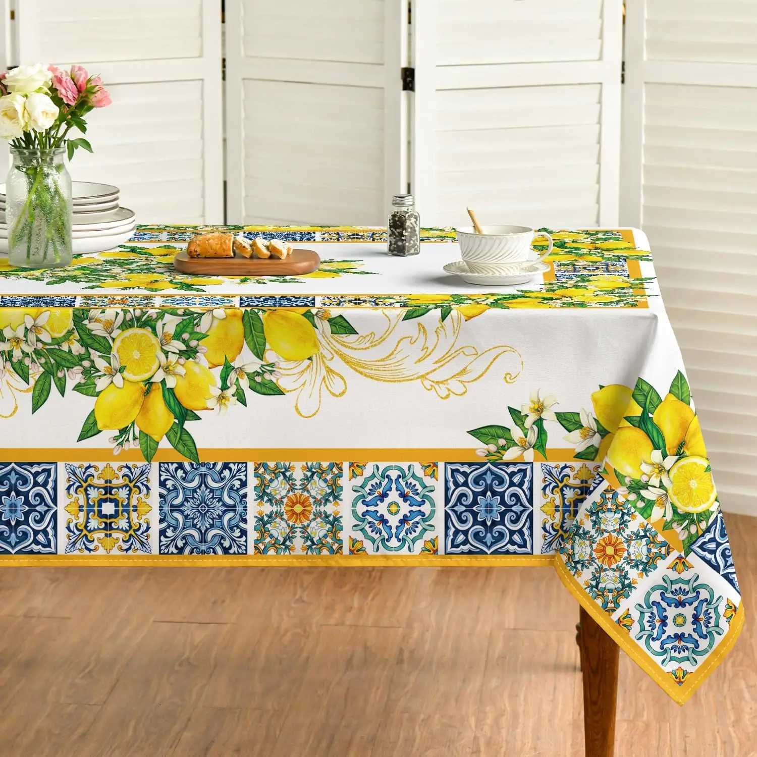 Summer Yellow Lemon Flowers Leaves Waterproof Tablecloth Wedding Party Decor Washable Rectangle Table Cloths Dining Table Decor M251128-image-1086457964