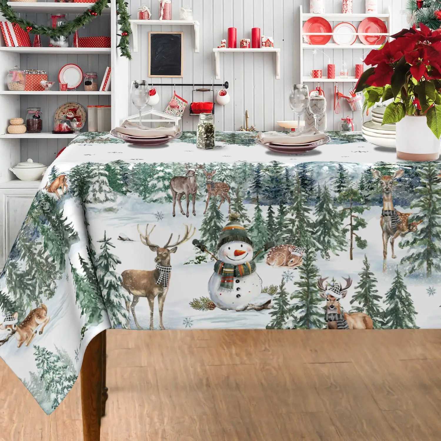Merry Christmas Snowman Deers Tablecloth for Table Decor Washable Winter Xmas Trees Polyester Table Cloth Christmas Decorations M251128-image-1086458051