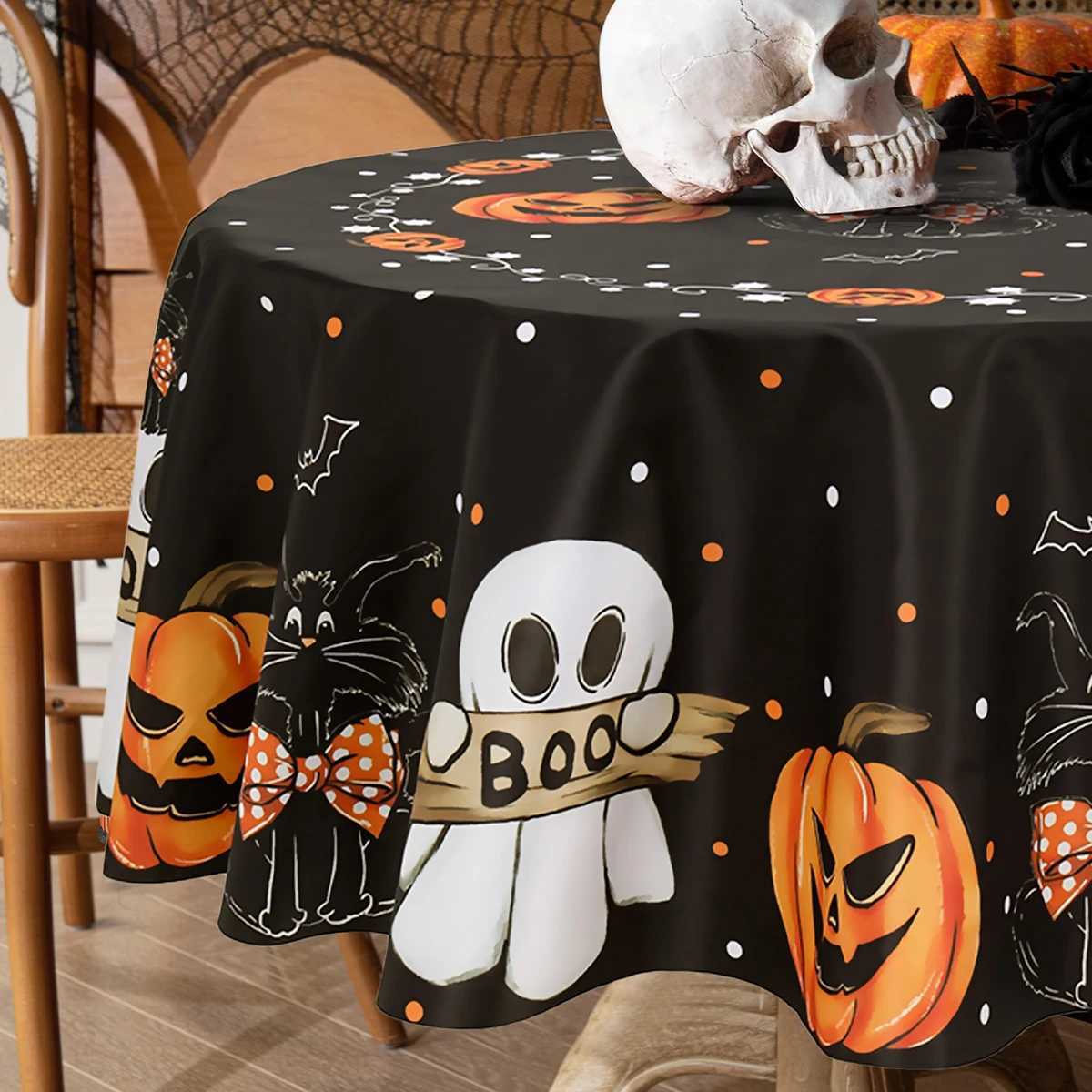 Halloween Round/Traingle Black Pink Tablecloth Pumpkin Spooky Boo Printed Decorative Dining Table Cover for Home Party Decor M251128-image-1086460070