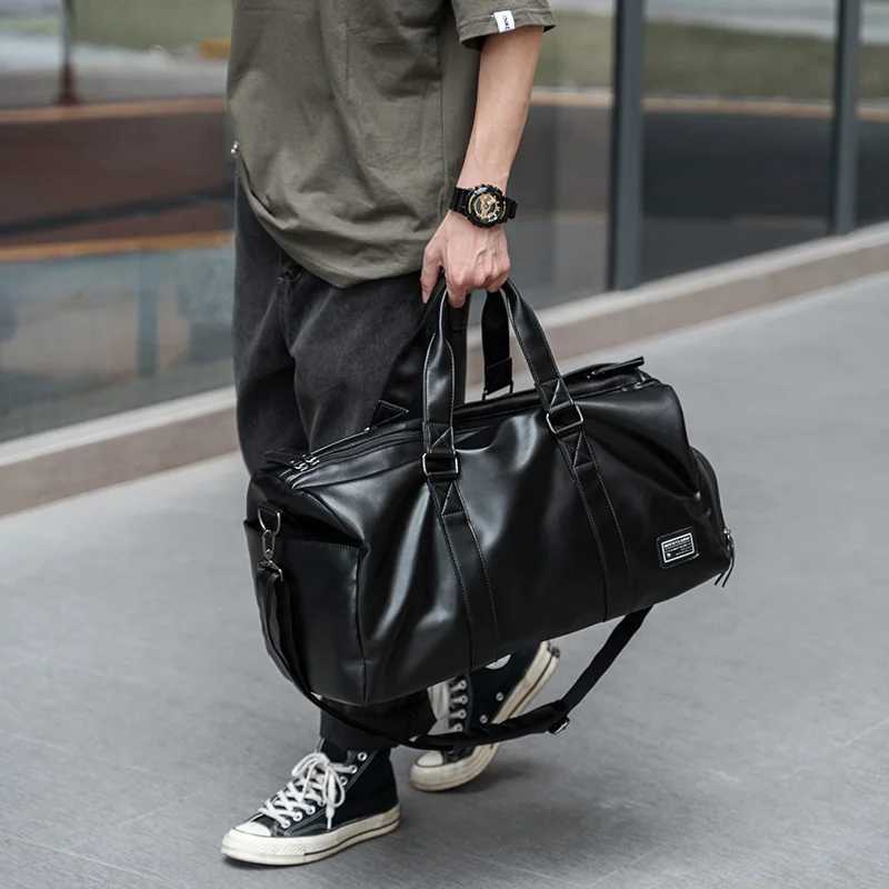Leather Travel Duffel Bag for Men Wen Vintage Waterproof Bag with Shoe Pouch Overnight Gym Sports Carry- Weekend Tote Bag Y251128-image-1086505265