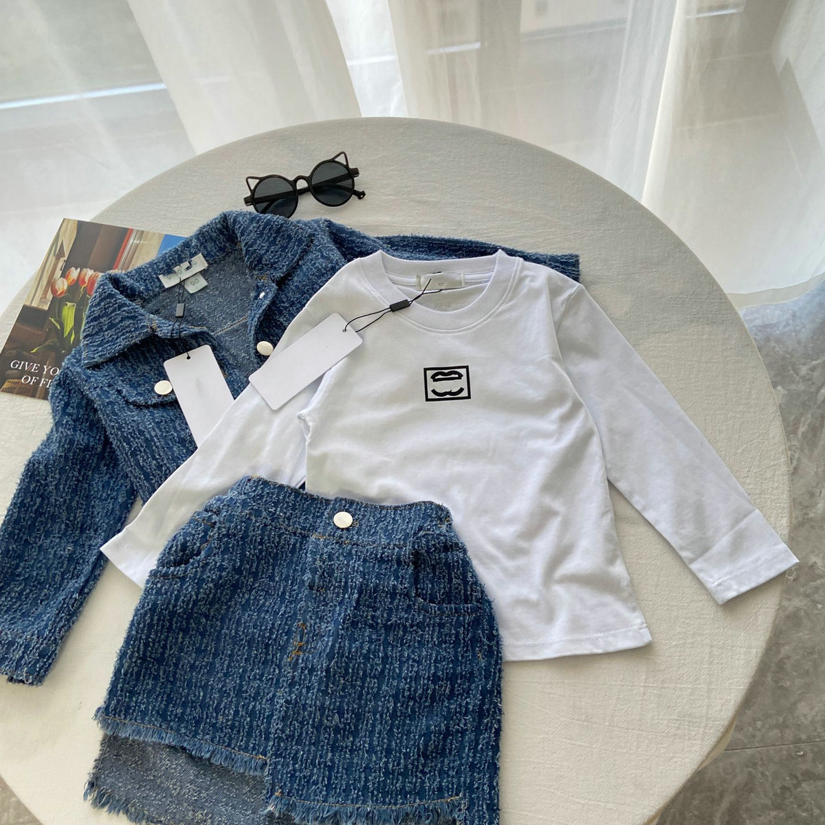 Designer Clothes Spring Girls Set Blue Turn-down Collar Long Sleeves Girls Solid Color Cotton Denim Jacket T ShirtShort Skirts 3pcs Suit M260305-image-1096288392