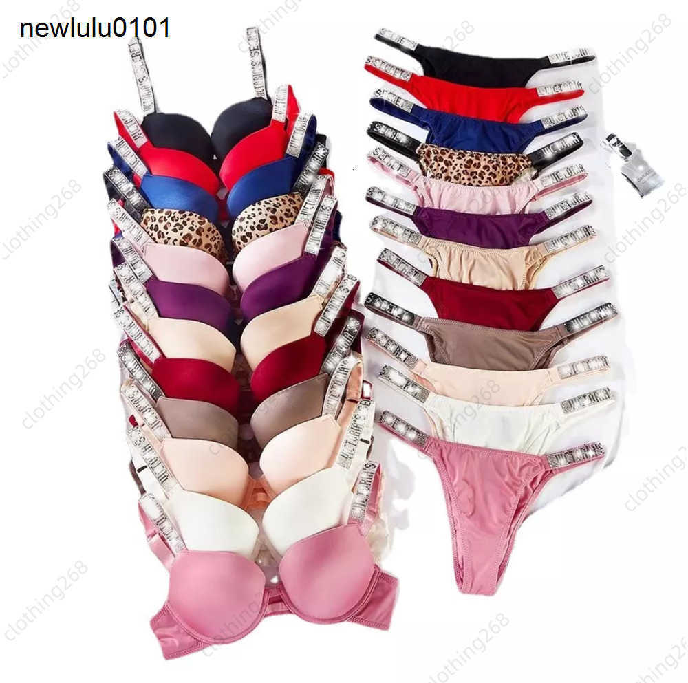 Womens Underwear New VS Push Up Bra Set Lace Bra Panty Set Sexy Embroidery Deep V Lingerie Set Good Quality Large size rhinestone shoulder strap