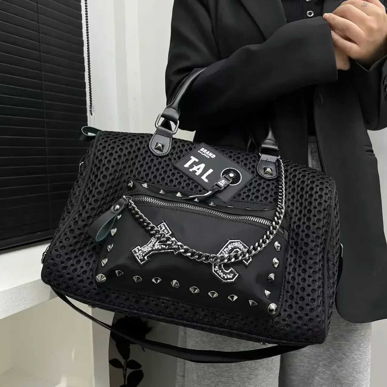 Ladies Fi Mesh Splicing Handbag Frt Pocket ed Punk Y2K Persali Shoder Bag Y251128-image-1086505972