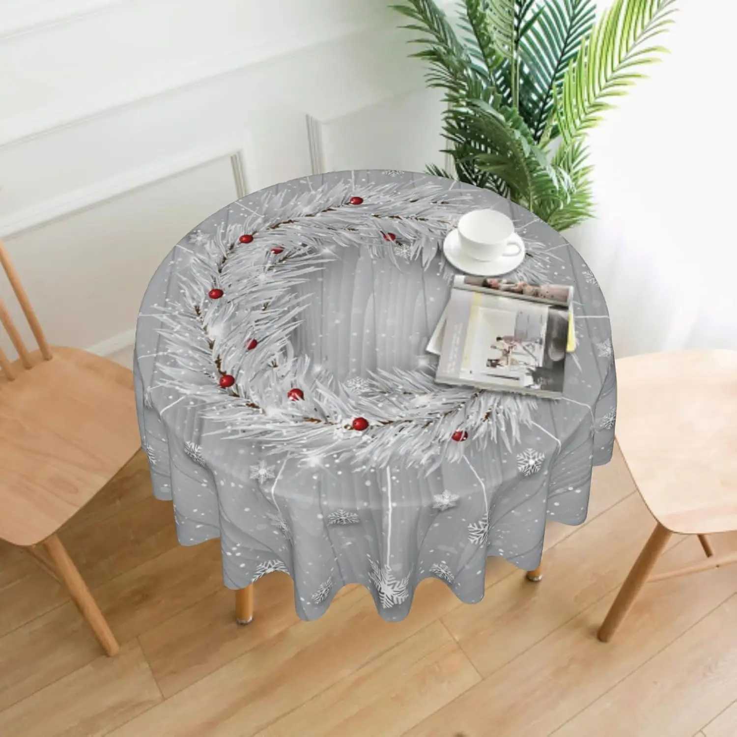 Silver Snowflakes Round Tablecloth 60Inch Christmas Winter Snow Table Cover with Xmas Tree Leaves Berry Table Cloth M251128-image-1086460199