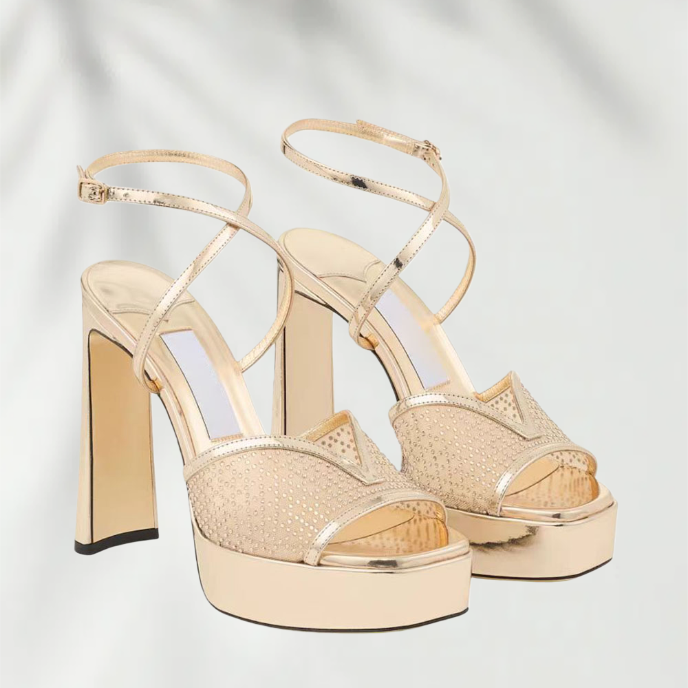 Strass de luxe Sandales à talons épais Maille incrustée de cristaux Sandales de créateur à talons en cuir véritable Sangle de cheville Chaussures