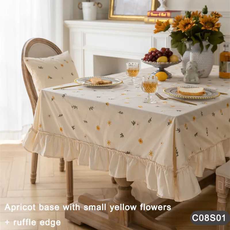 Floral Embroidered Tablecloth - Cotton Apricot Color with Decorative Green Scalloped Edge Invite Warmth Charm M251128-image-1086460138