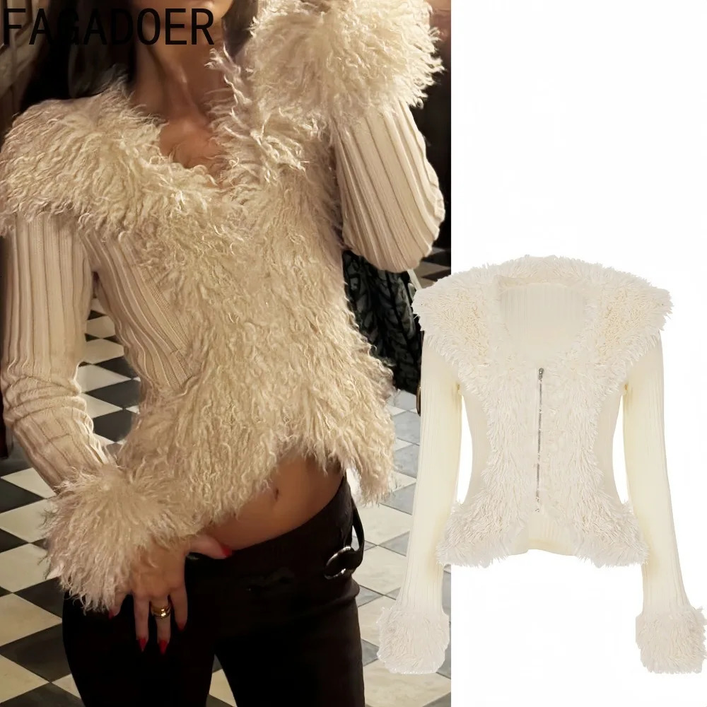 FAGADOER Autumn Sexy Knitting Fur Patchwork Bodycon Cardigan for Woman Solid Color Deep V neck Crop Top Female Streetwear 251128
