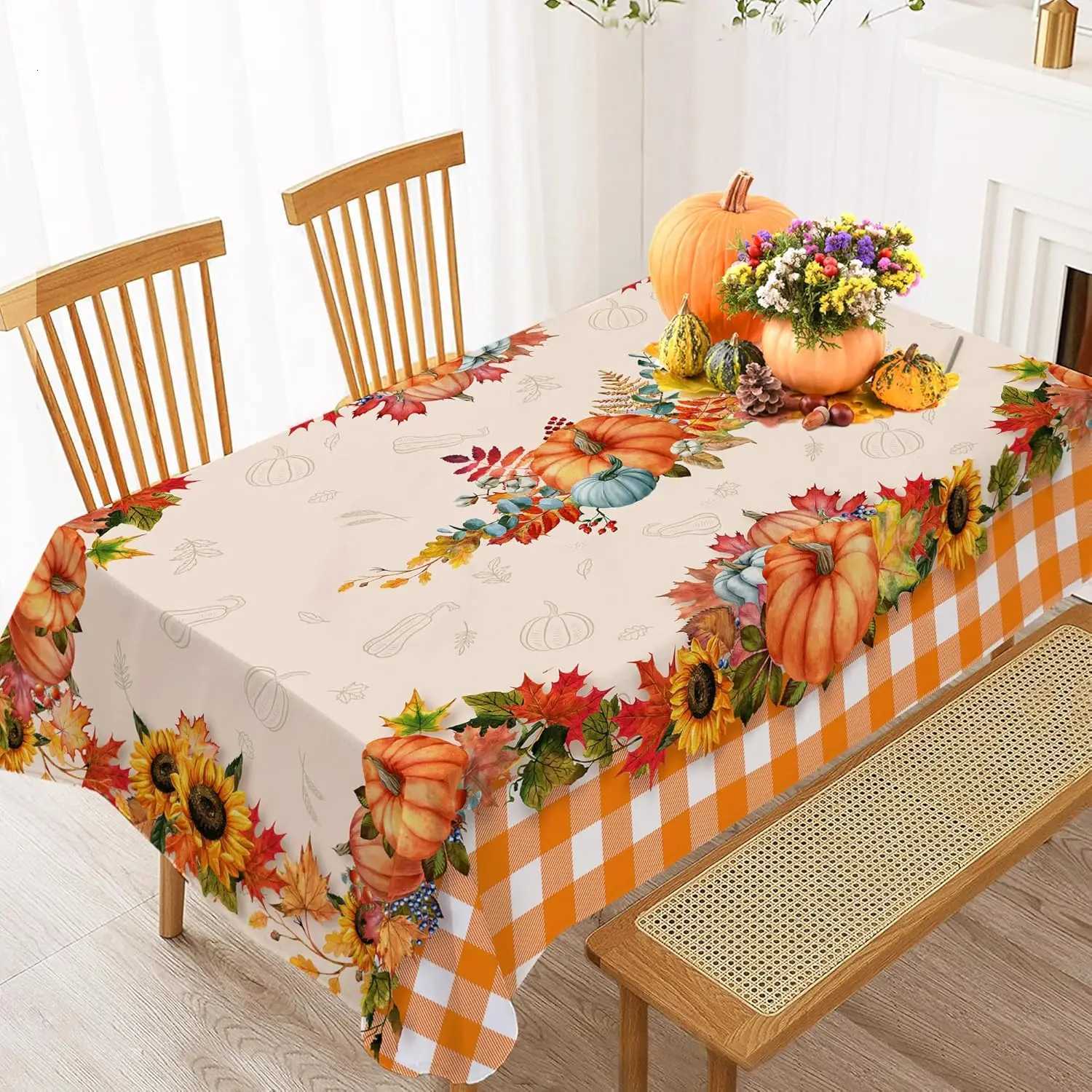 Thanksgiving Fall Pumpkins Maple Leaves Plaid Tablecloths Autumn Orange Sunflower Table Cloth Kitchen Dining Table Decor M251128-image-1086459879