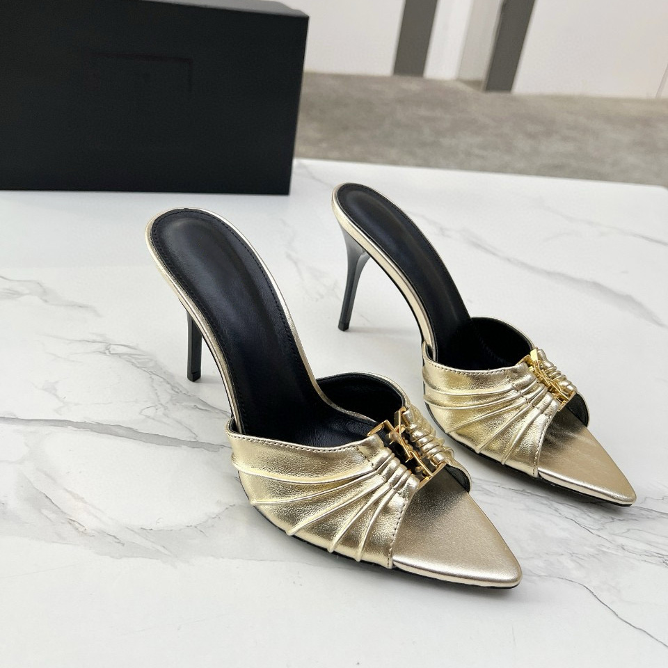 Babylone glisse mules STILETTO 9cm Sandales à talon pointues Gold Cuir Sole Pantanes Designers de luxe pour femmes chaussures de fête de soirée