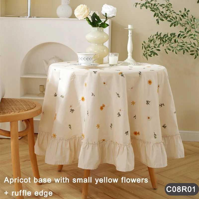 3-Size Cotton Apricot Tablecloth with Floral Embroidery Scalloped Ruffle Hem for Round Coffee and Dining Tables M251128-image-1086459408