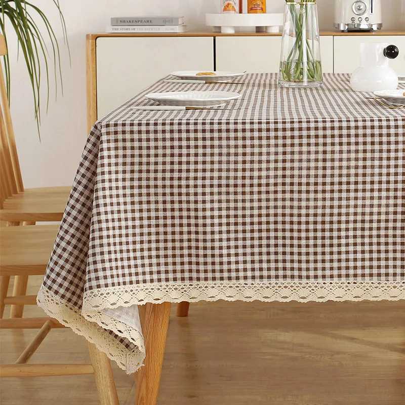 Nordic Minimalist Style Coffee Grid Tablecloth with Off-White Trim Rectangular Dining Table Cover M251128-image-1086459049